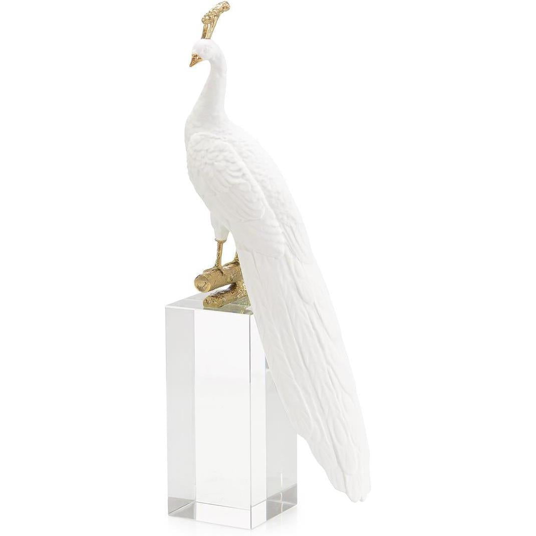 John Richard Decor White Peacock Sculpture on Crystal Base