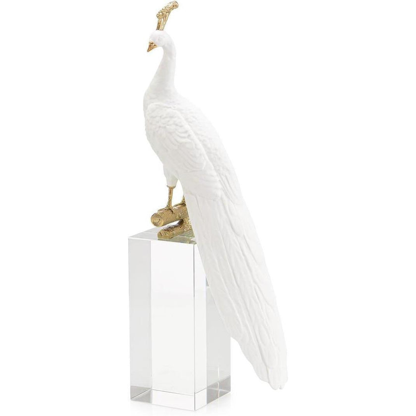 John Richard Decor White Peacock Sculpture on Crystal Base