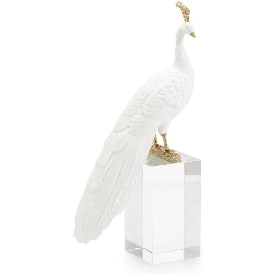 John Richard Decor White Peacock Sculpture on Crystal Base