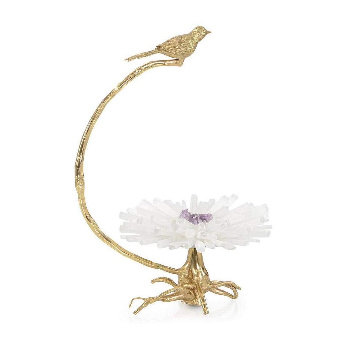 John Richard Decor Brass Bird on Selenite Bloom Sculpture