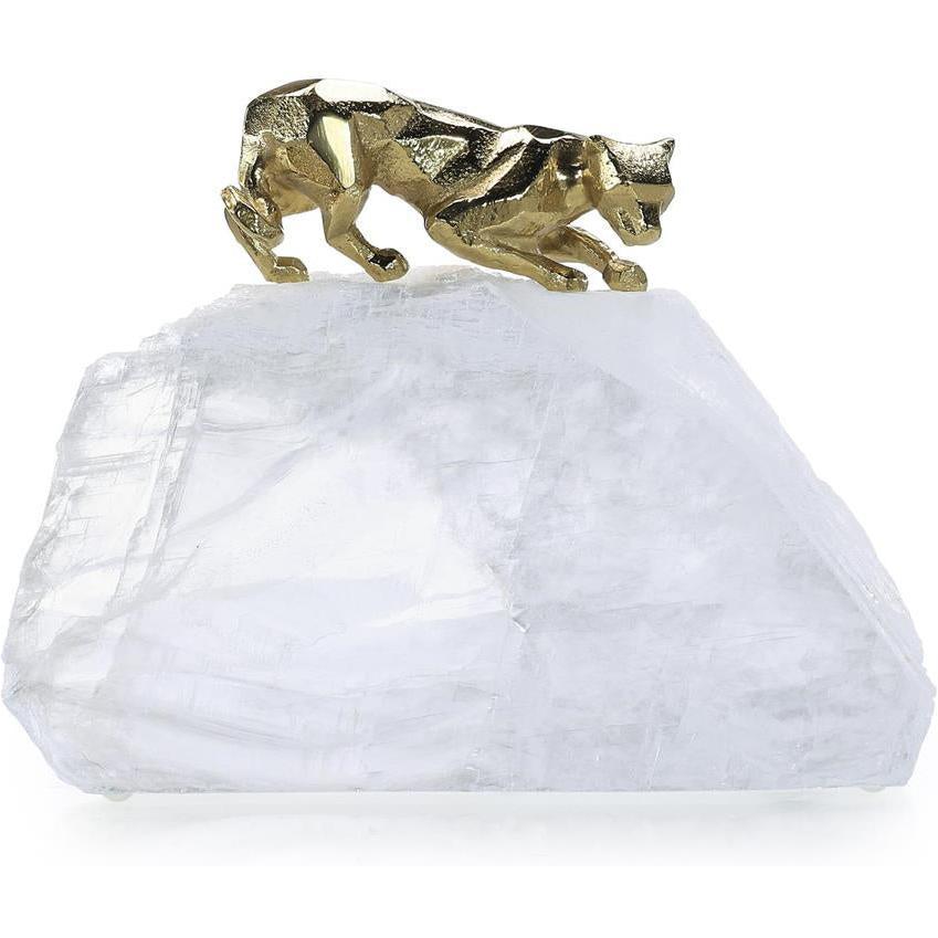 John Richard Decor Perched Brass Panther Sculpture on Selenite
