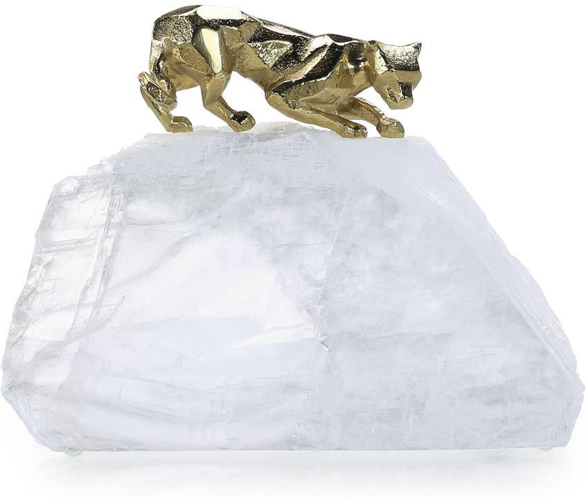 John Richard Decor Perched Brass Panther Sculpture on Selenite