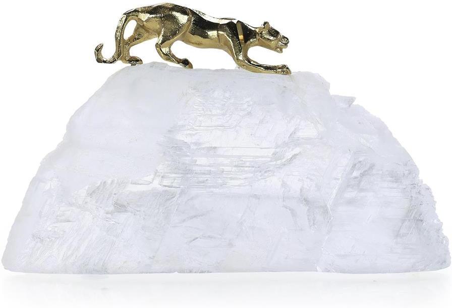John Richard Decor Prowling Brass Panther Sculpture on Selenite