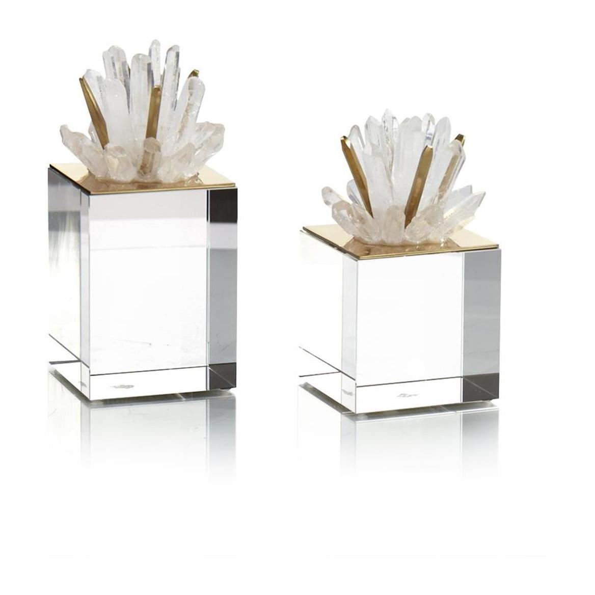 John Richard Decor Brass and Selenite Cluster on Crystal, Set of 2