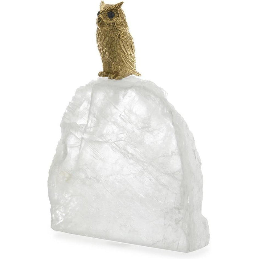 John Richard Decor Perched Brass Owl Sculpture on Selenite