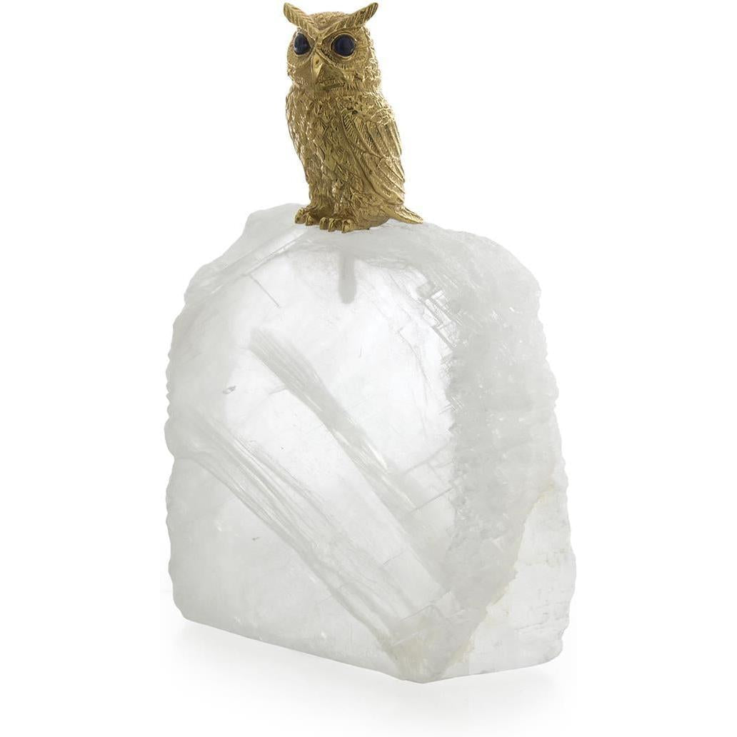 John Richard Decor Perched Brass Owl Sculpture on Selenite