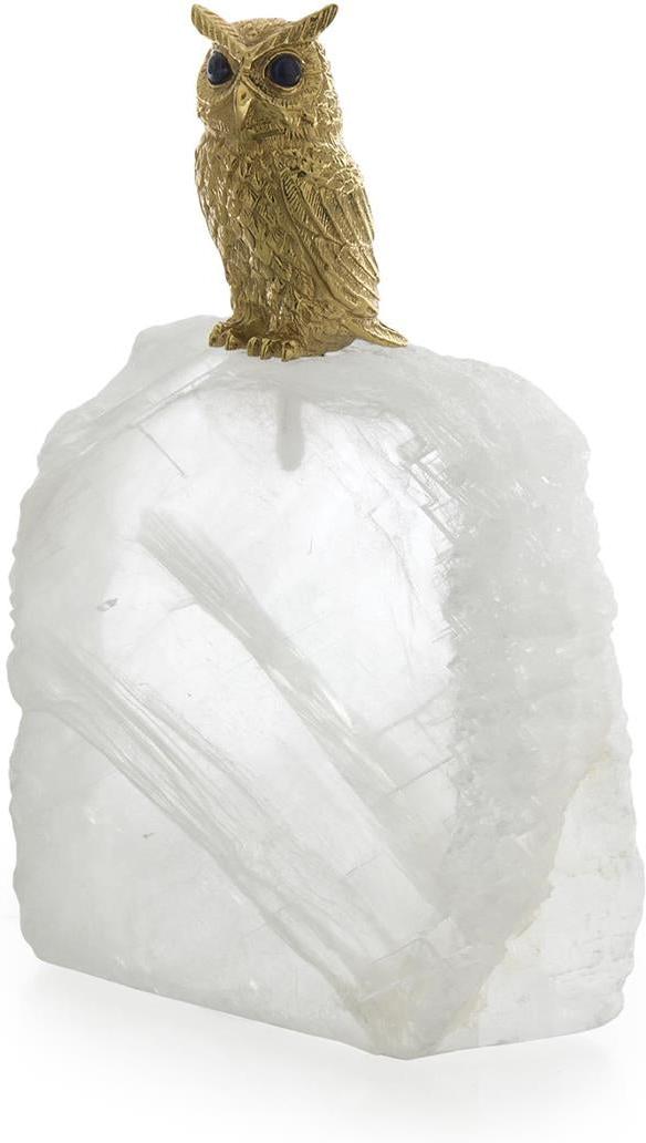 John Richard Decor Perched Brass Owl Sculpture on Selenite