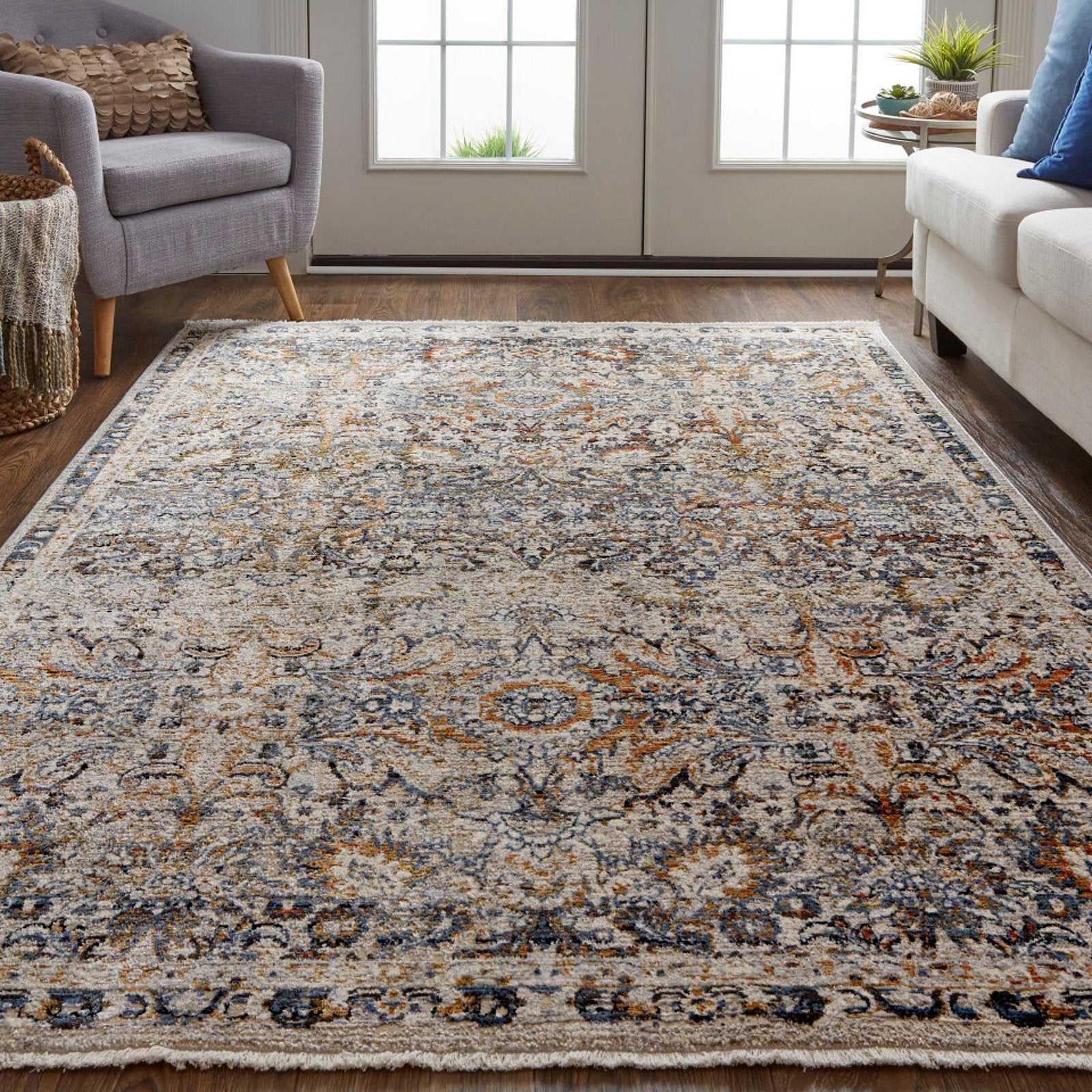 Feizy Kaia 39GNF Transitional Damask in Tan/Blue/Orange