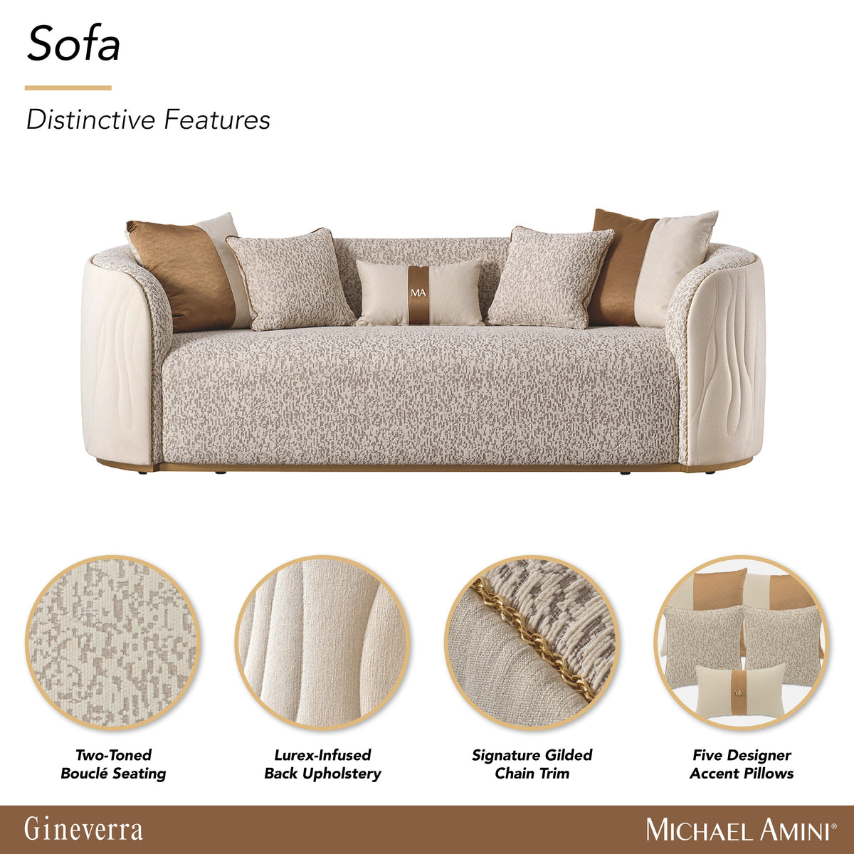 Michael Amini Gineverra Sofa - Biscotti/Ivory Gold