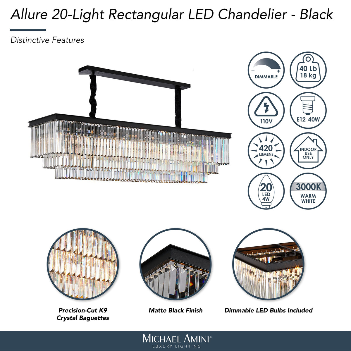 Michael Amini Allure 20-Light Rectangular Crystal Chandelier - Matte Black