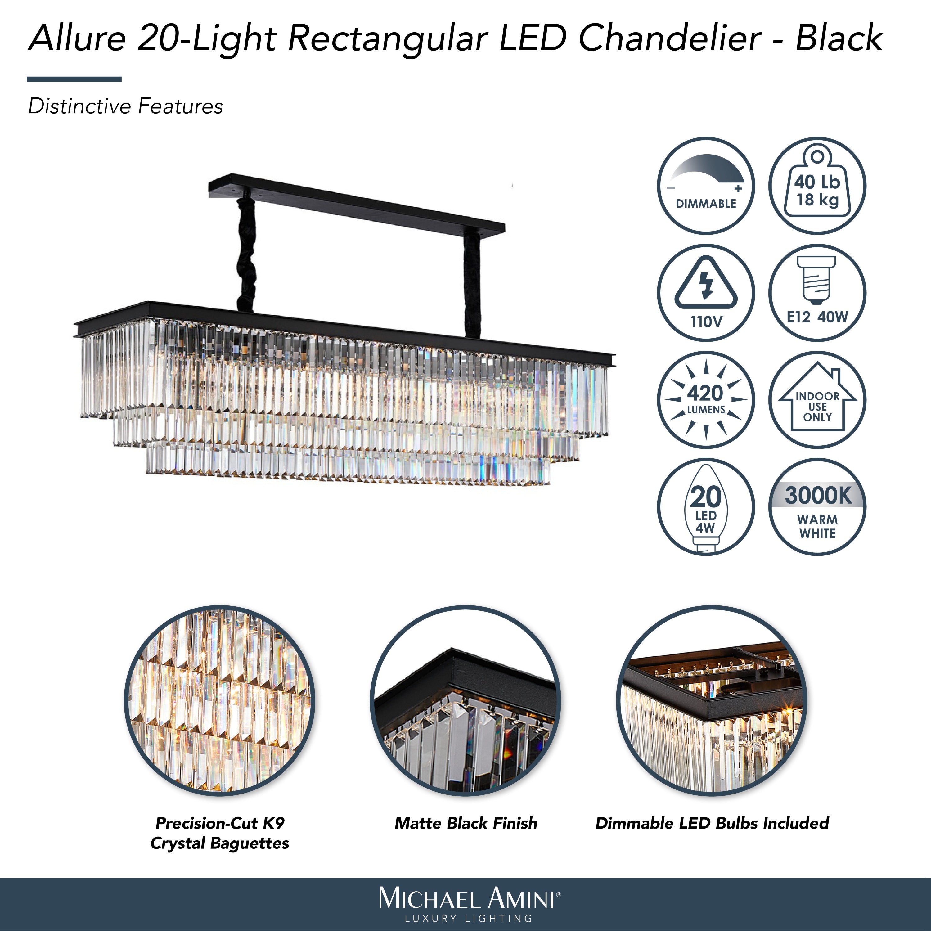 Michael Amini Allure 20-Light Rectangular Crystal Chandelier - Matte Black