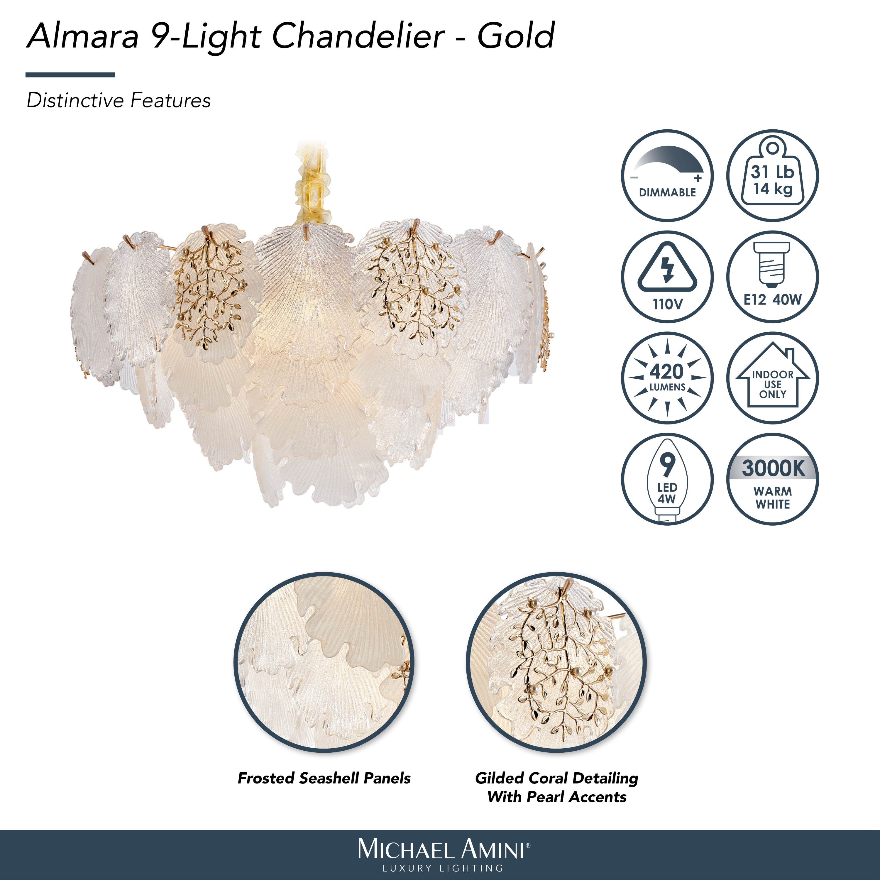 Michael Amini Almara 9-Light Frosted Glass Chandelier - Frost/Gold