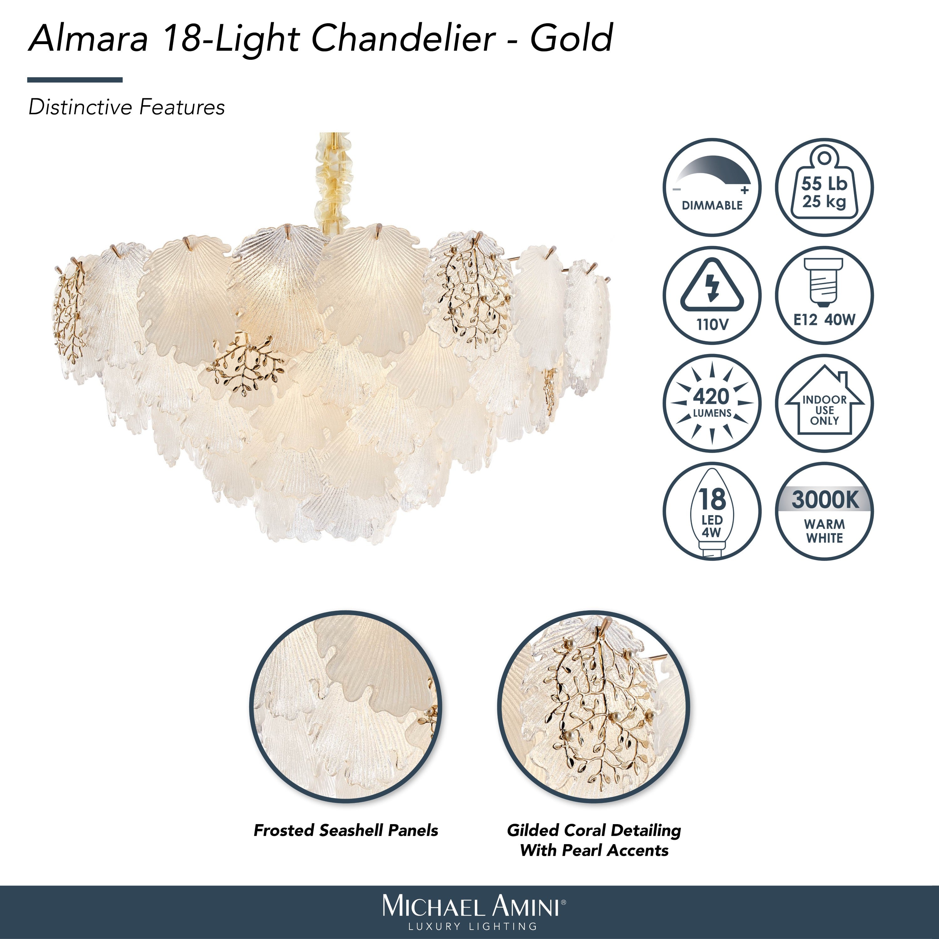 Michael Amini Almara 18-Light Frosted Glass Chandelier - Frost/Gold