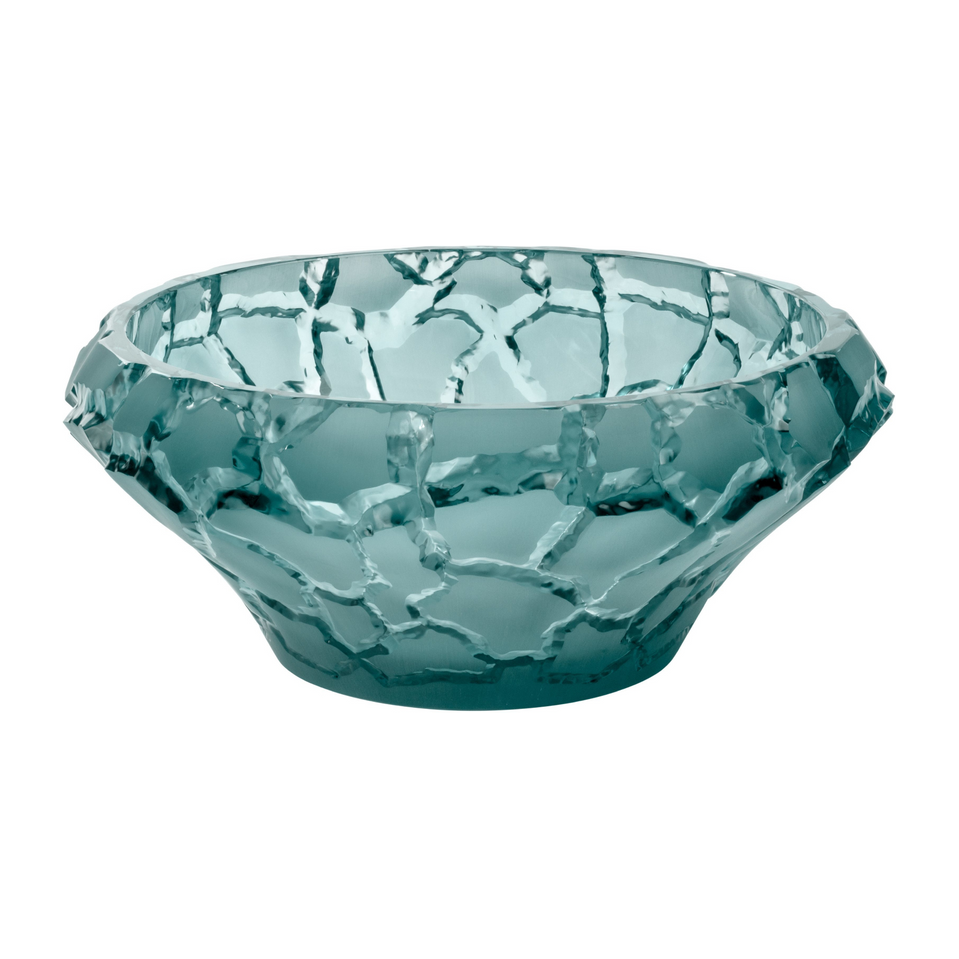 A cracked ice-style glass bowl in translucent teal, showcasing an artistic design and an elegant shape.