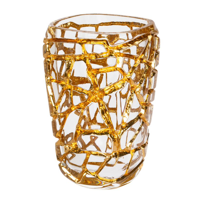A Lalique cristal terramineral transparent luxury vase with an intricate gold geometric pattern, showcasing a modern and artistic design.