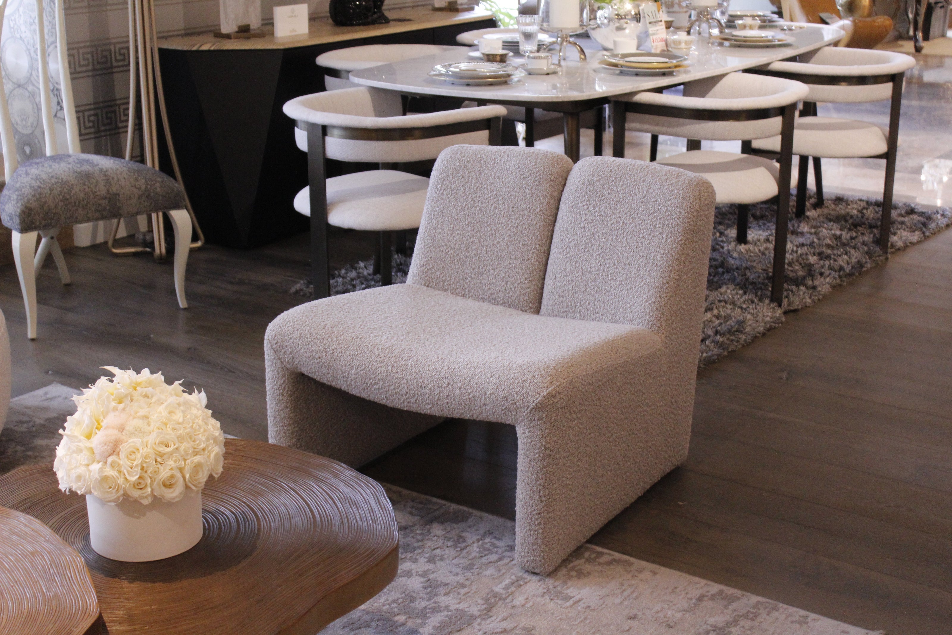 Eichholtz Macintosh Arm Chair / Boucle Grey Floor Sample