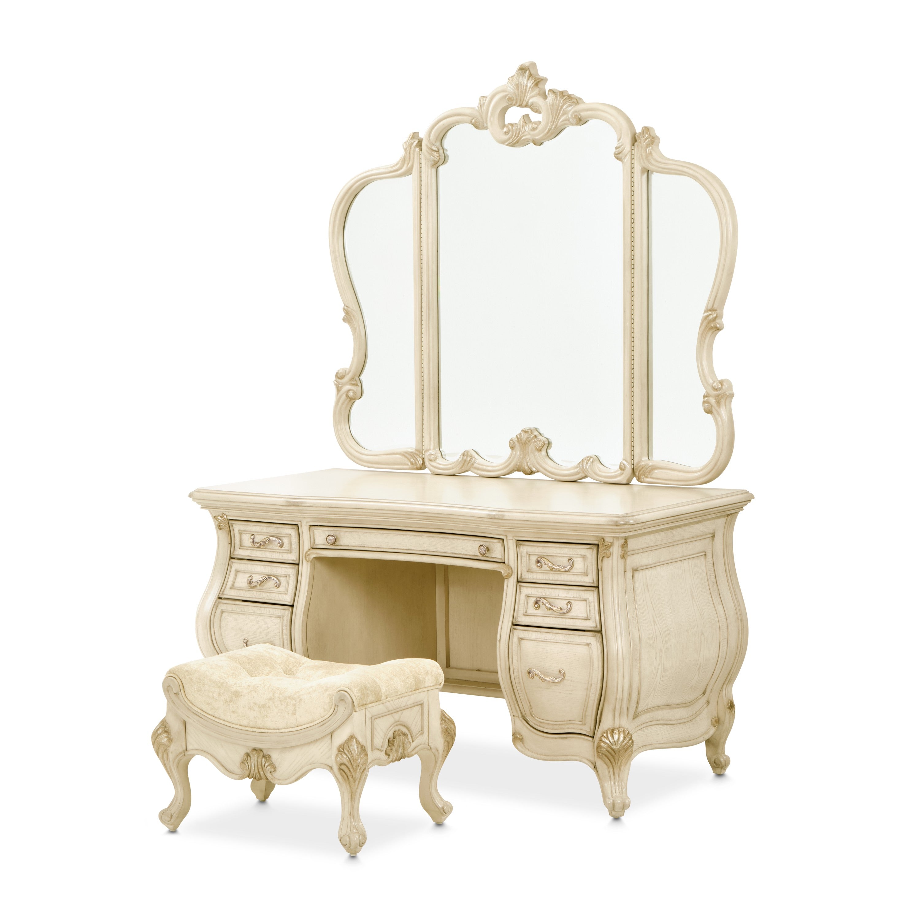 Michael Amini Platine de Royale Vanity Set with Mirror and Bench - Champagne