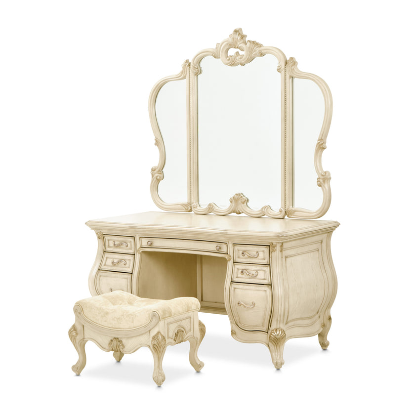 Michael Amini Platine de Royale Vanity Set with Mirror and Bench - Champagne