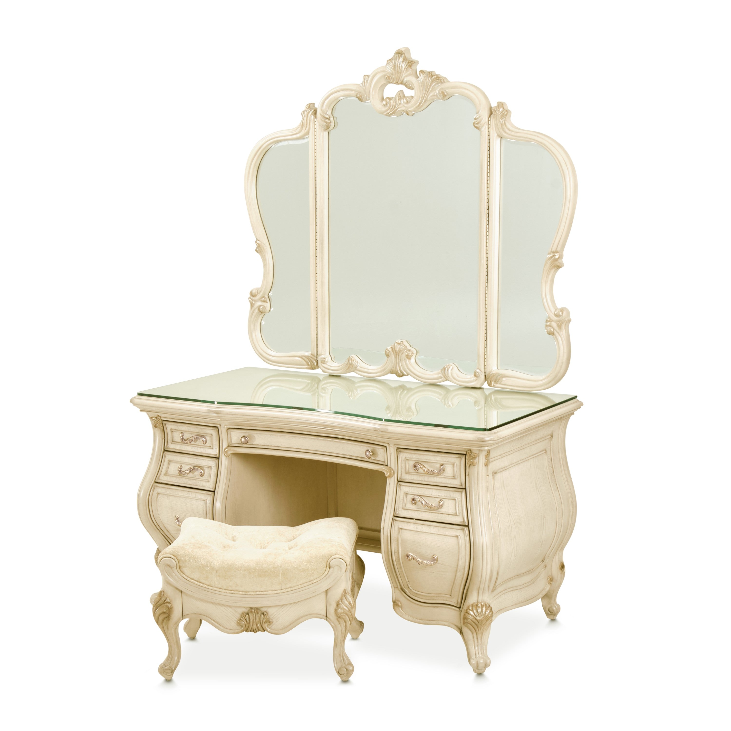 Michael Amini Platine de Royale Vanity Set with Mirror and Bench - Champagne