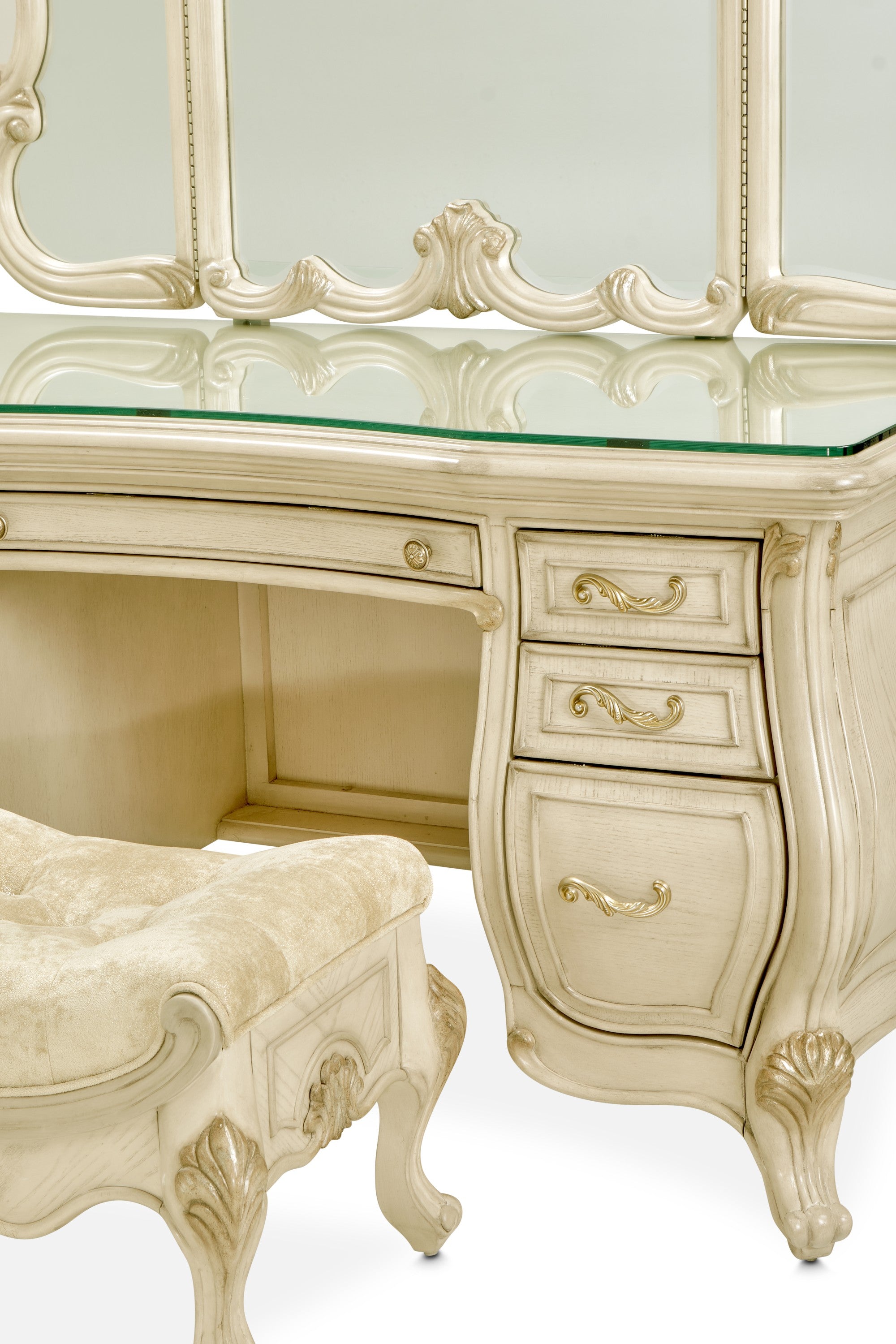 Michael Amini Platine de Royale Vanity Set with Mirror and Bench - Champagne