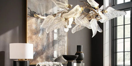 Modern interior design with a sideboard, chandelier, and zebra-patterned rug.