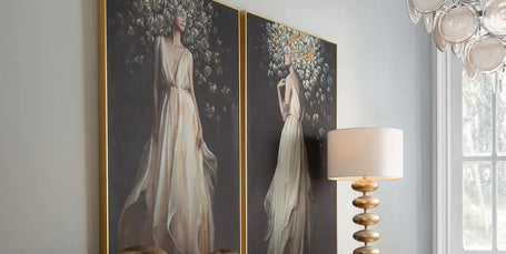 Decorative interior with a large painting, sideboard, and chairs.