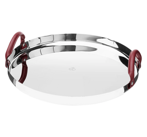 Christofle Mood Stainless Steel Mirror Polished Round Tray with Leather Handles - 16 in