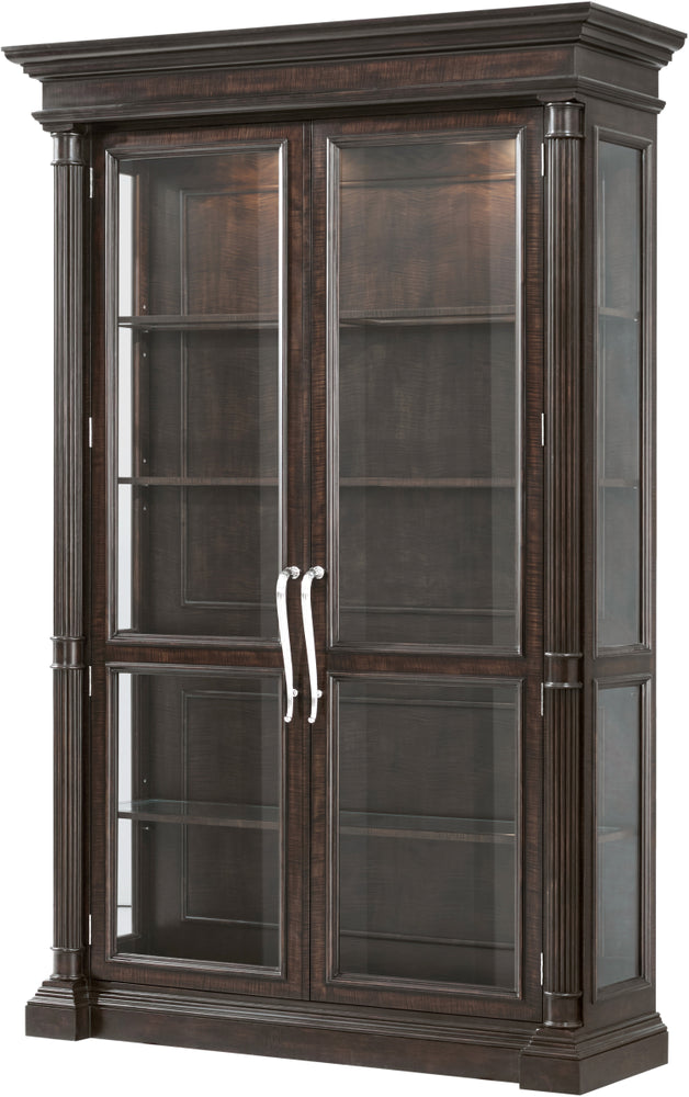 Elegant luxury dark wood display cabinet with glass doors and shelves, featuring stylish silver handles and decorative molding.
