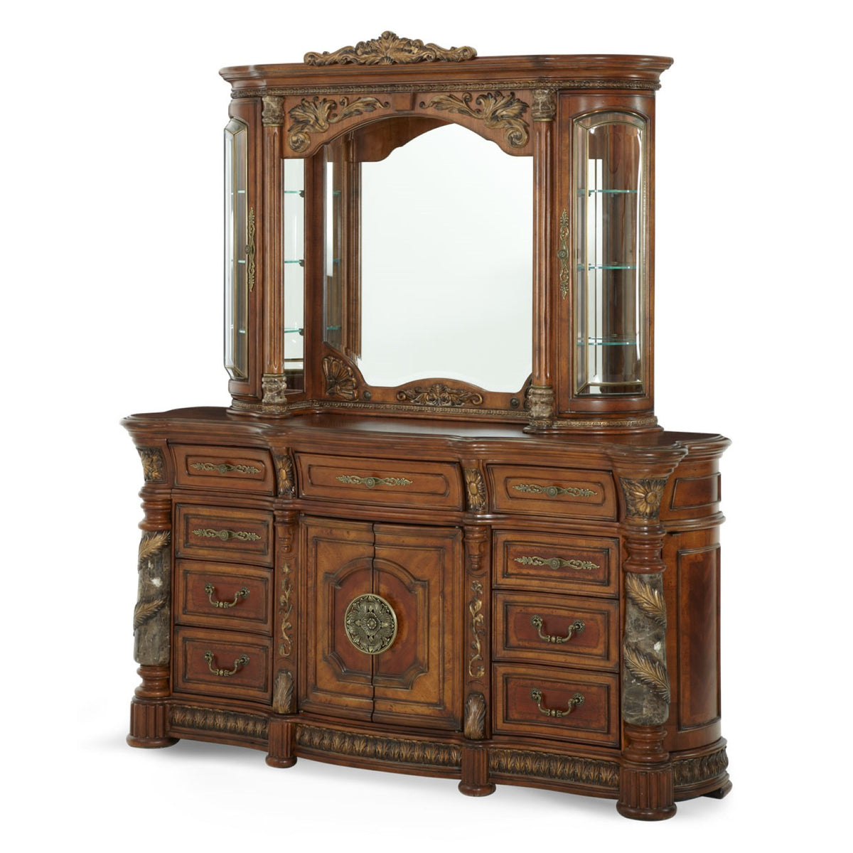 Michael Amini Villa Valencia Dresser with Mirror - Classic Chestnut