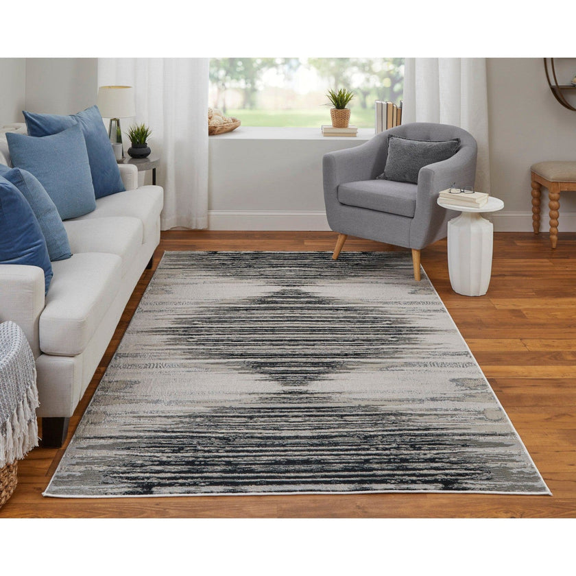 Feizy Micah 39LRF Modern Diamond Rug in Black/Silver/Taupe