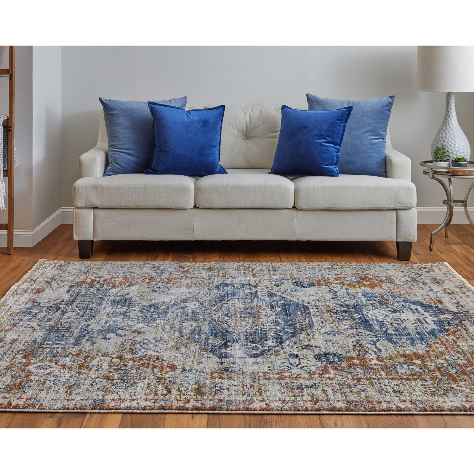 Feizy Kaia 39HWF Transitional Medallion in Ivory/Orange/Blue