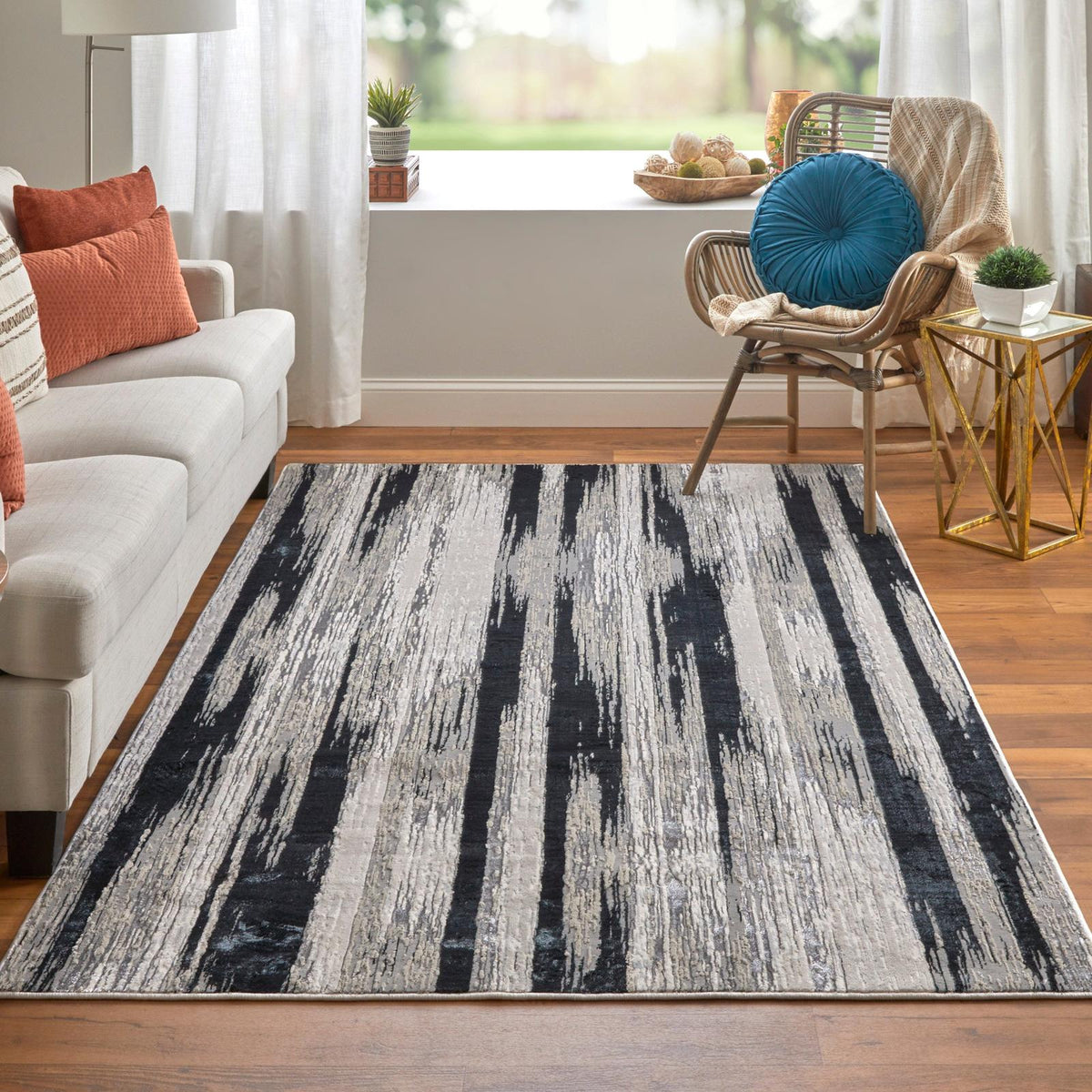 Feizy Micah 3338F Modern Abstract Rug in Black/Silver/Gray