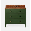 Green vanity base with three drawers and a polished, light wood countertop featuring a sink and gold faucet fixtures. 