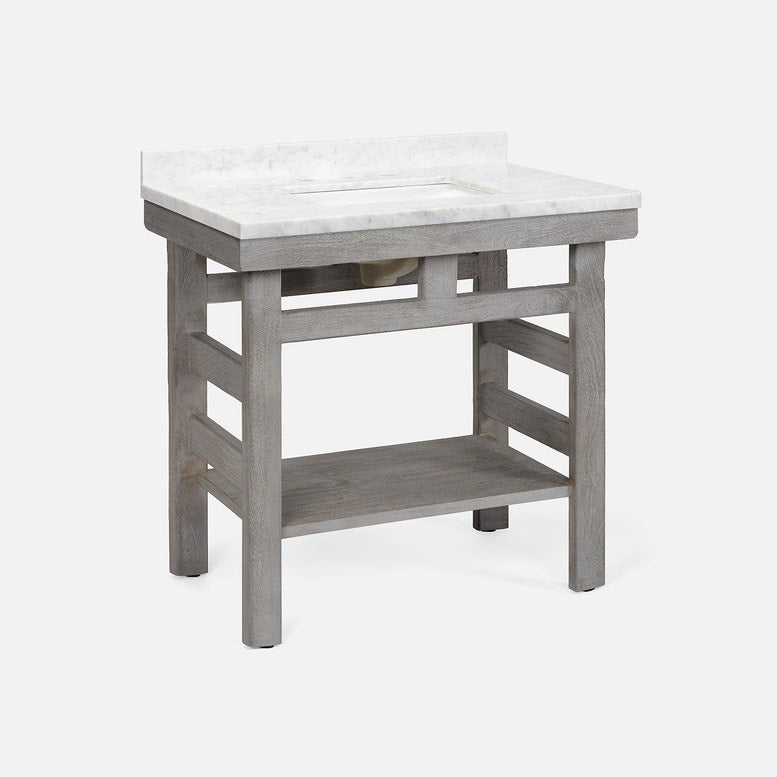 A stylish grey wooden vanity base with a marble countertop, featuring an open shelf and a sink area designed for a bathroom setting.