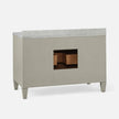 Modern freestadning vanity base with storage unit with a light gray finish, marble top, and an open section revealing wooden drawers.