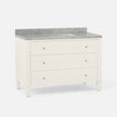 Elegant cream vanity with three drawers and a light gray marble countertop featuring a cutout for a sink.