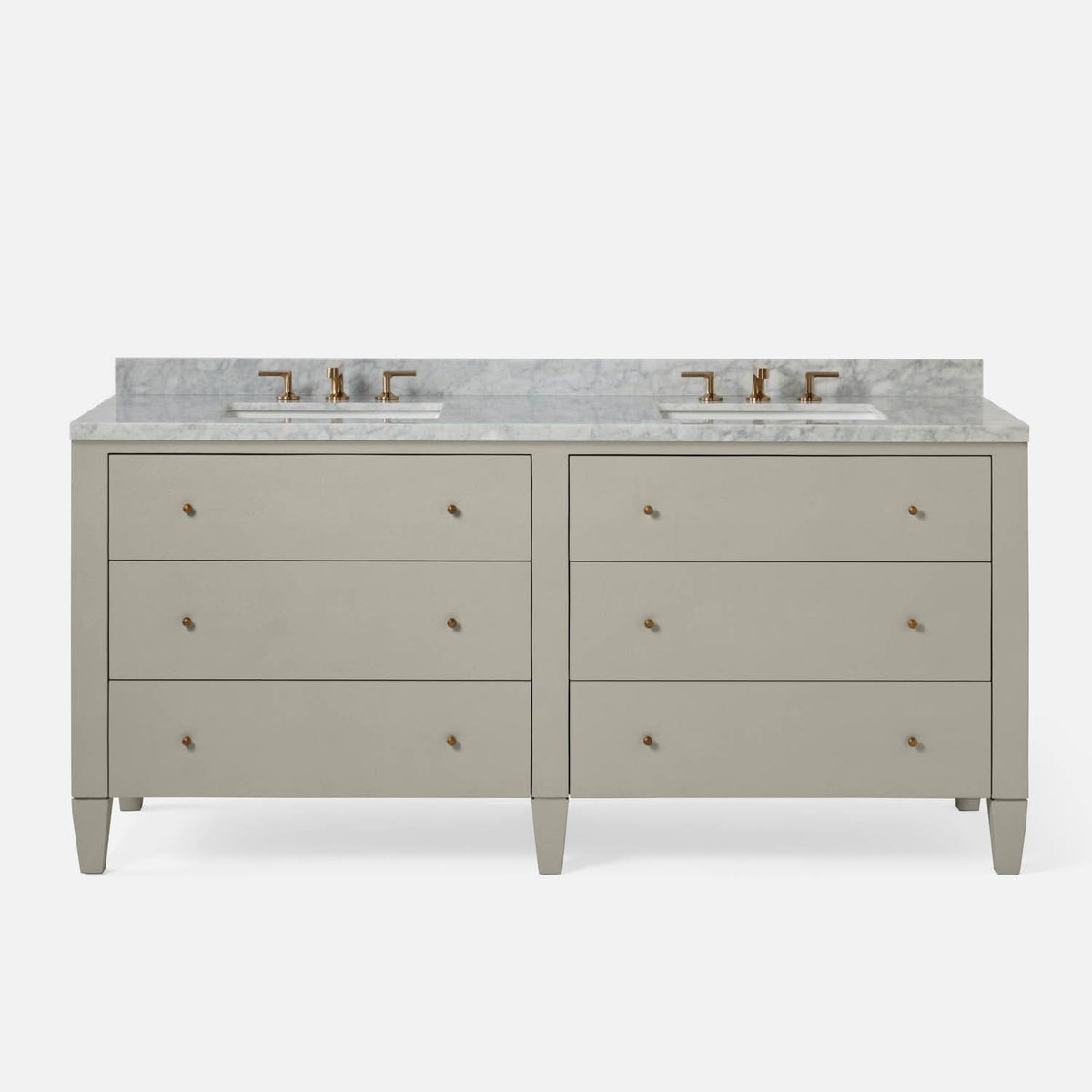 A stylish double vanity featuring a light gray finish, marble countertop, and brass faucets, with four spacious drawers on each side.