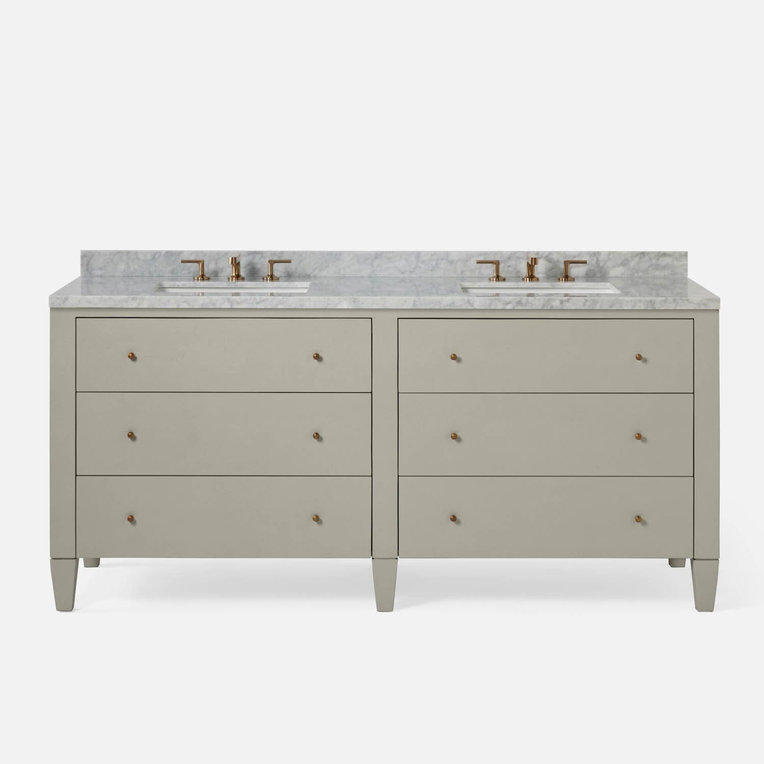 A stylish double vanity featuring a light gray finish, marble countertop, and brass faucets, with four spacious drawers on each side.