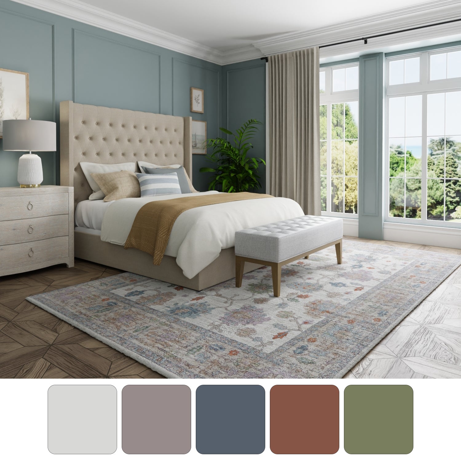 Feizy Dartmouth 39QJF Transitional Floral & Botanical Rug in Ivory/Brown/Blue