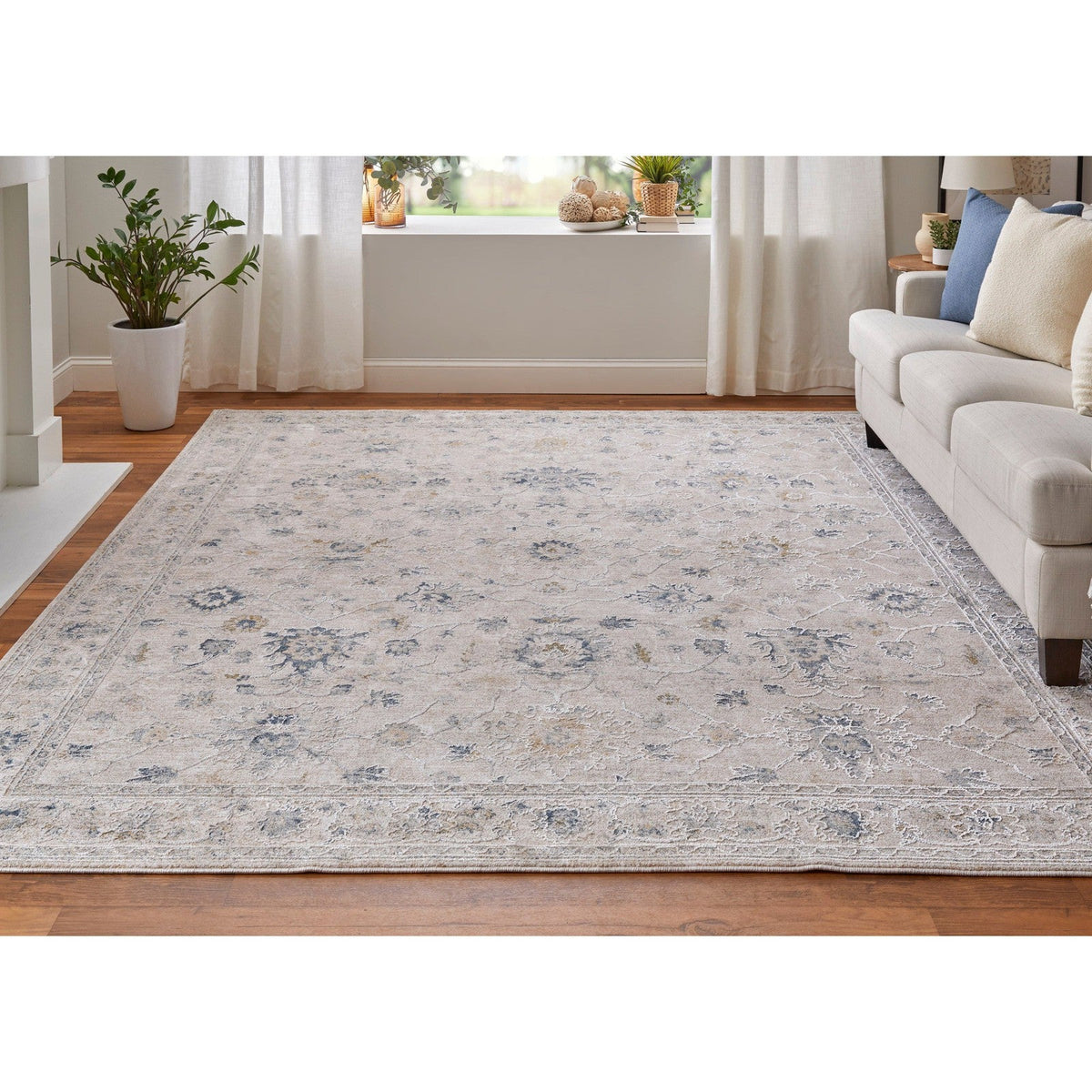 Feizy Pasha 39M7F Transitional Floral & Botanical in Ivory/Taupe/Blue
