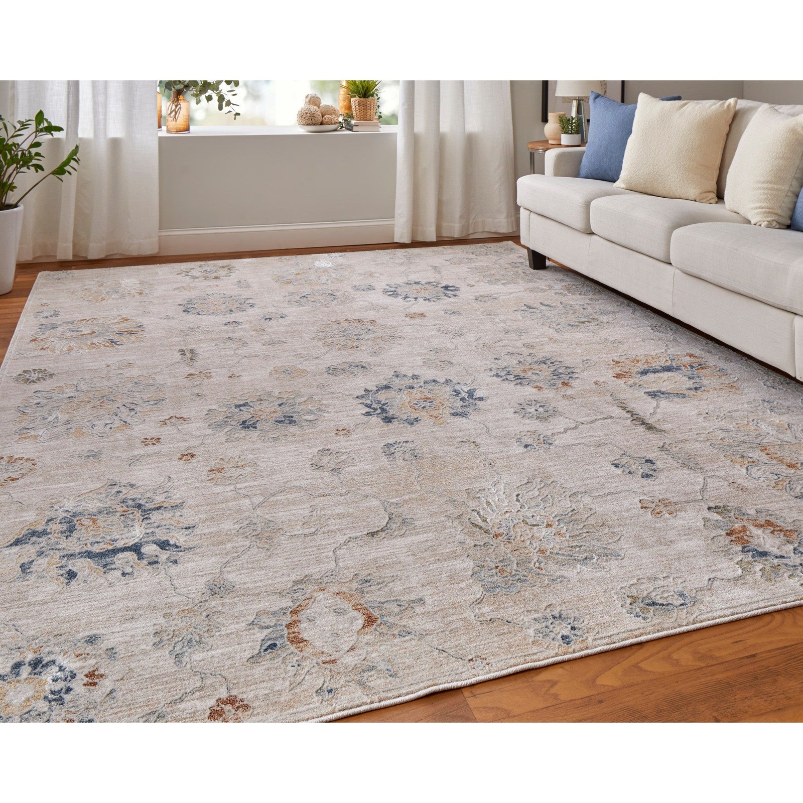 Feizy Pasha 39M9F Transitional Floral & Botanical in Taupe/Ivory/Blue