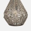 Woven pendant lamp in an elegant teardrop shape, showcasing intricate natural fibers and a warm bulb glowing inside.