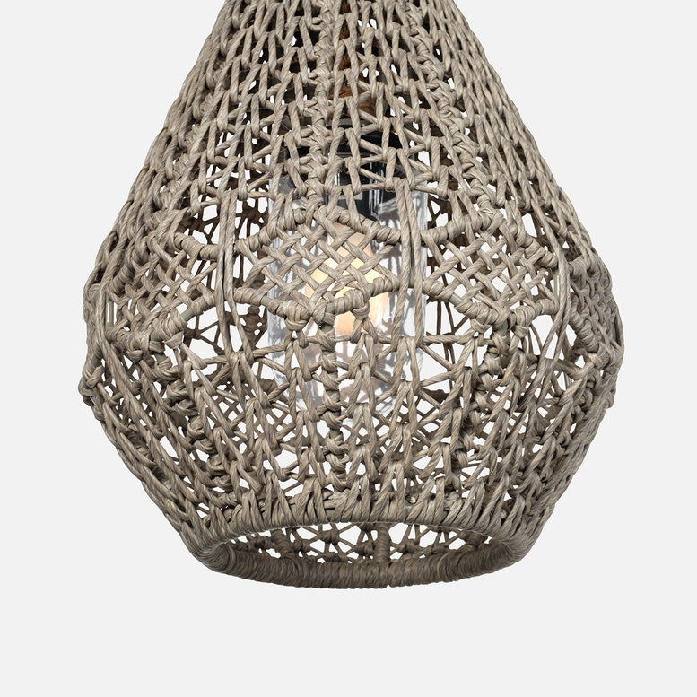 Woven pendant lamp in an elegant teardrop shape, showcasing intricate natural fibers and a warm bulb glowing inside.