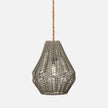A stylish hanging lamp with a woven grey rattan shade and rope suspension, featuring a soft, warm light bulb inside.