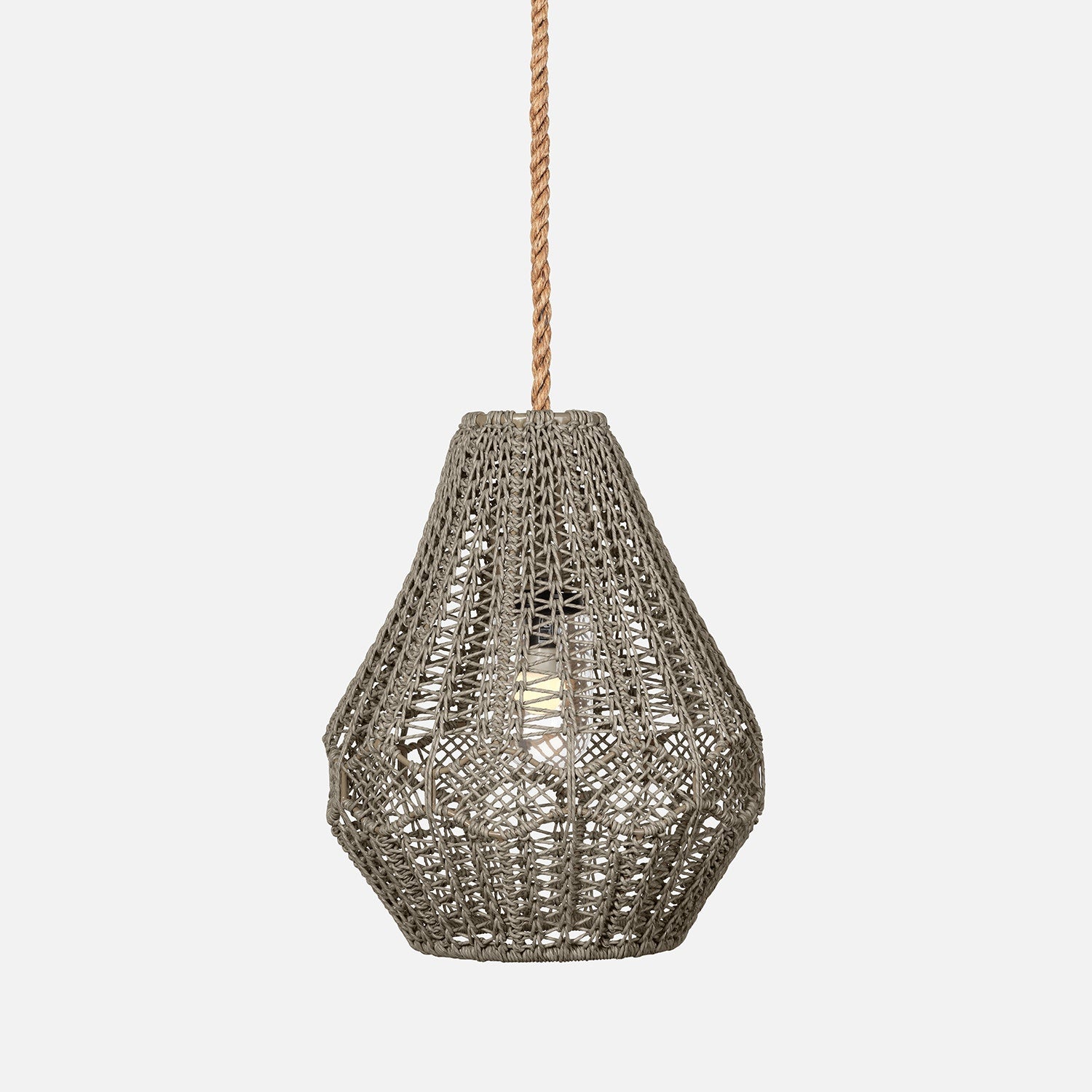 A stylish hanging lamp with a woven grey rattan shade and rope suspension, featuring a soft, warm light bulb inside.