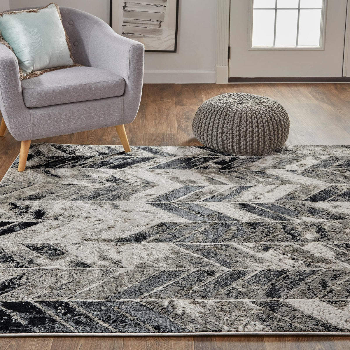 Feizy Micah 3048F Modern Chevron Rug in Black/Gray/Silver
