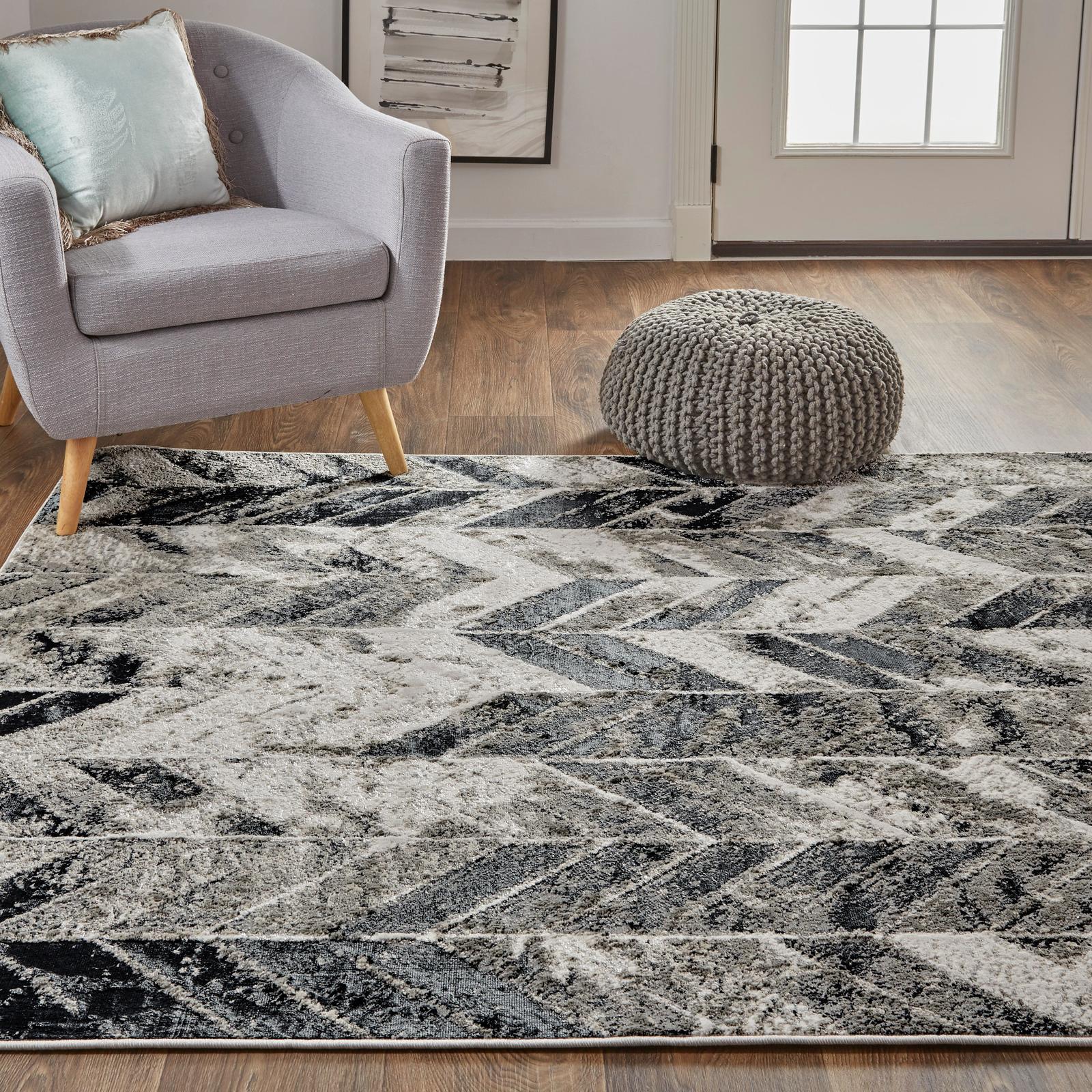 Feizy Micah 3048F Modern Chevron Rug in Black/Gray/Silver