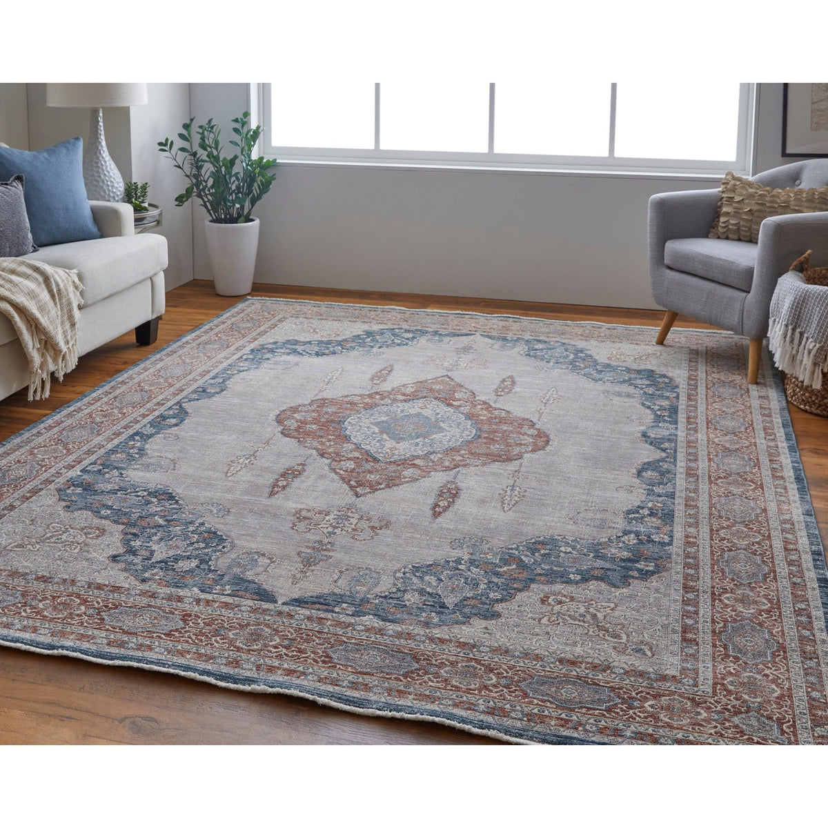 Feizy Marquette 39GRF Transitional Medallion in Gray/Red/Blue