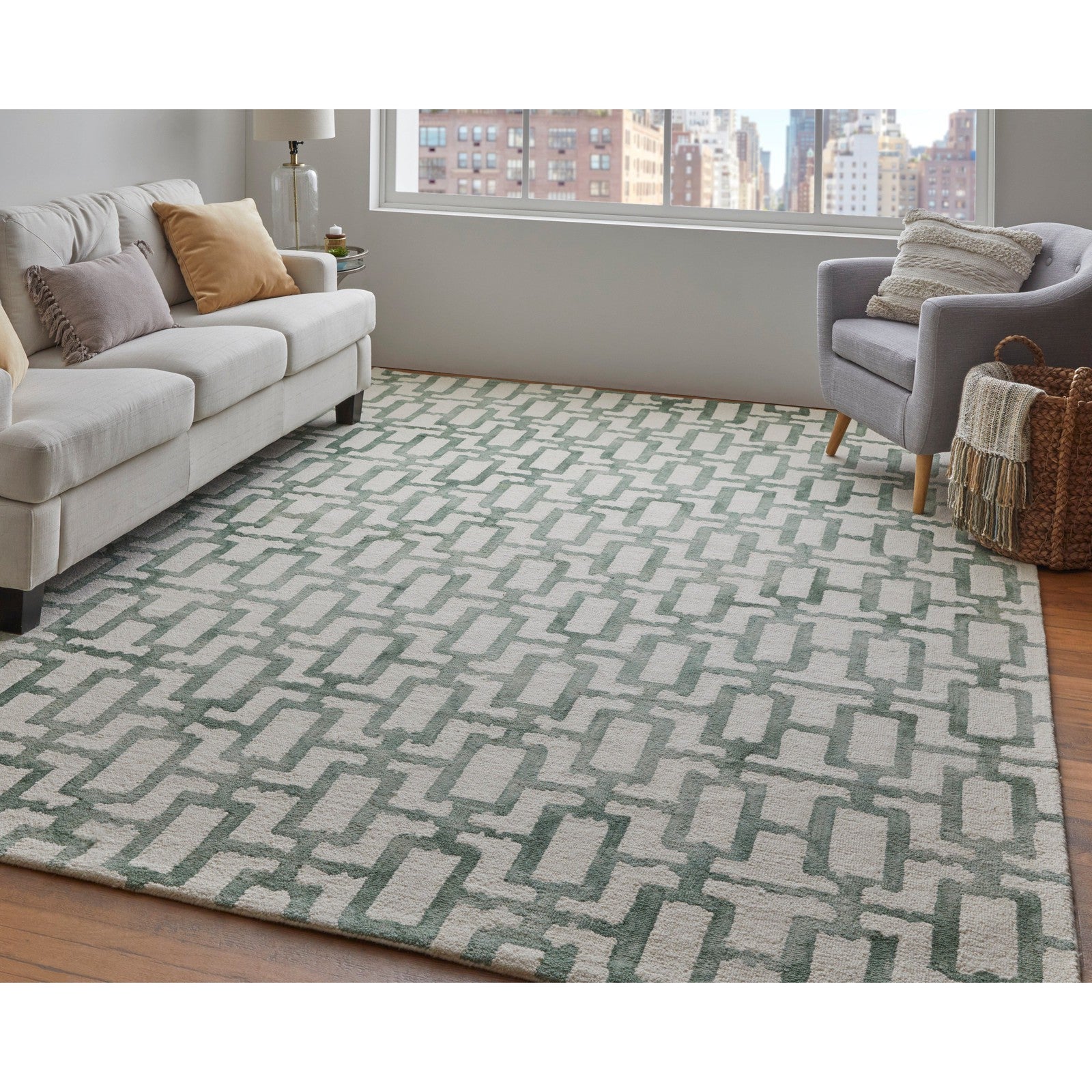 Feizy Lorrain 8919F Modern Geometric Rug in Ivory/Green