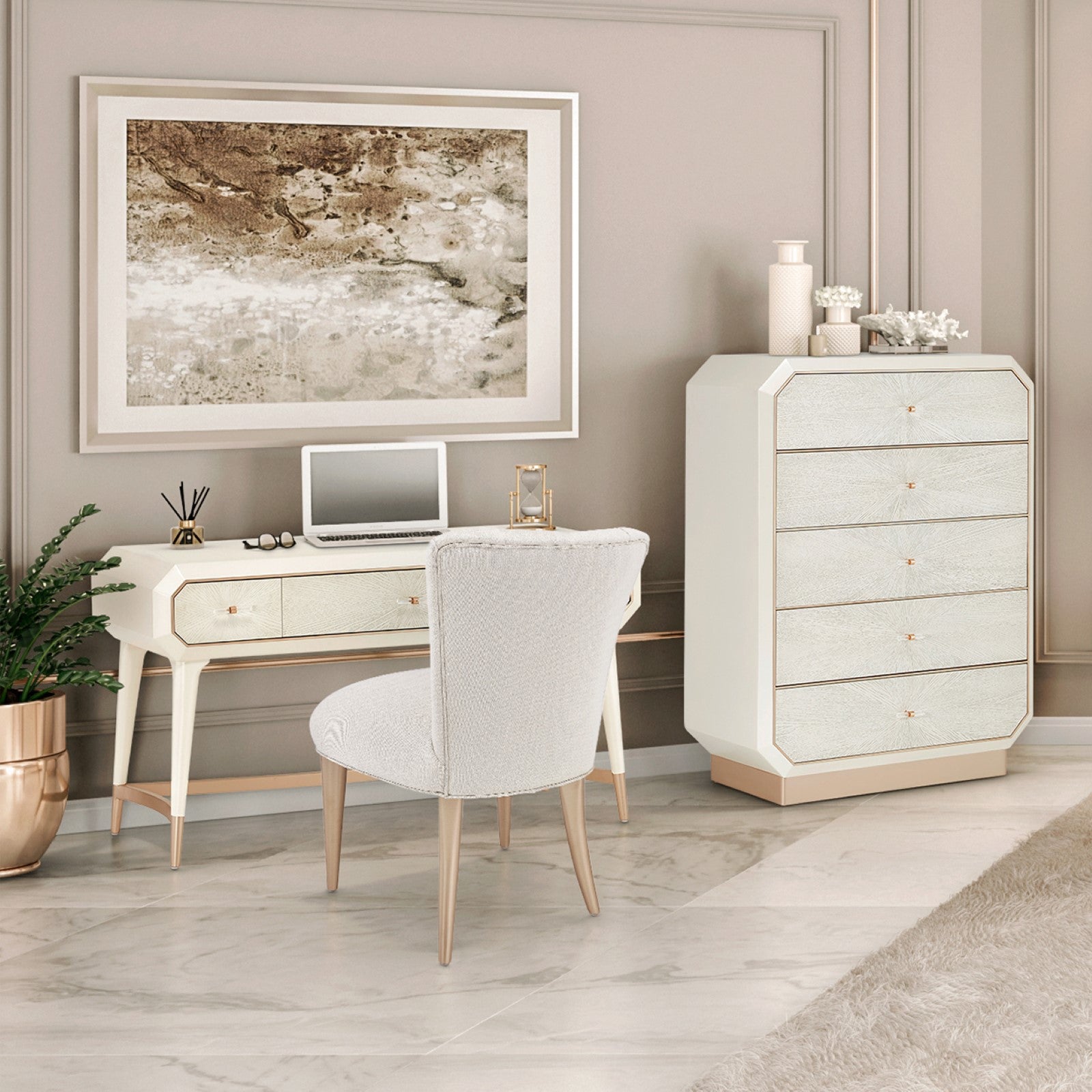 Michael Amini La Rachelle Vanity Set with Mirror & Chair - Champagne